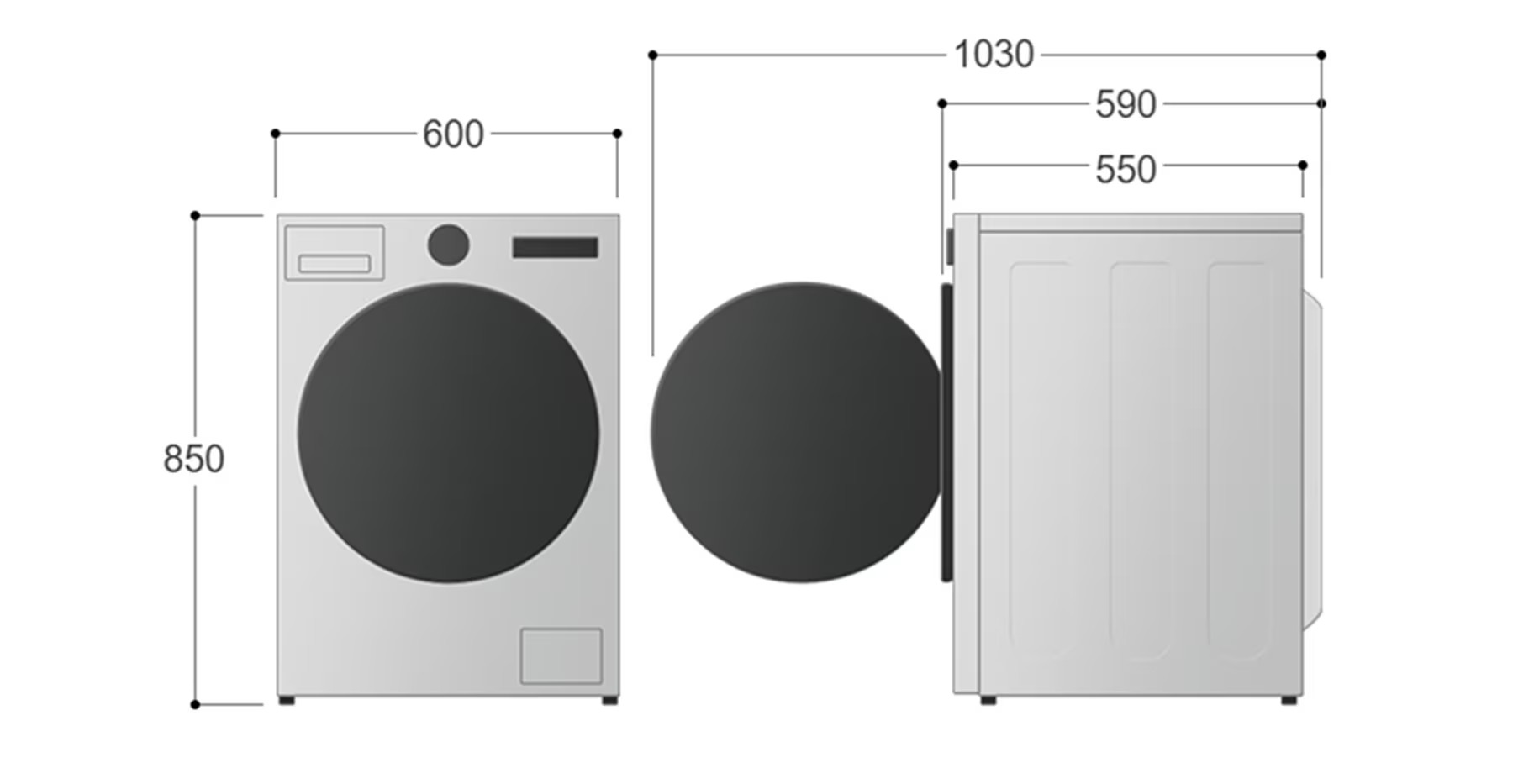 Máy giặt cửa trước màu xám, kích thước cao 850 mm, rộng 600 mm và sâu 590 mm, cửa mở rộng 1030 mm